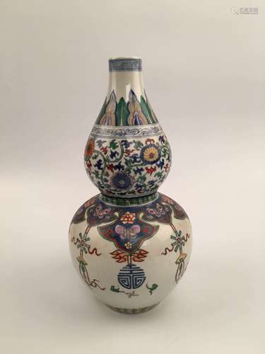 Chinese Wucai Double Gourd Porcelain Vase with Yongzheng Mark