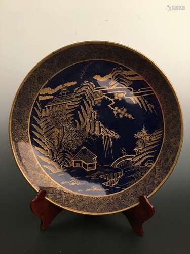 Chinese Gilt Blue Porcelain Charger