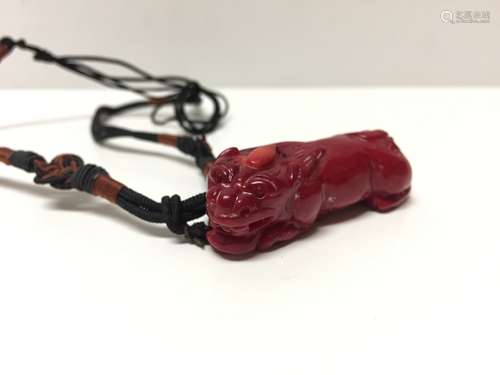 Chinese Carved Red Coral Foo Dog Pendant