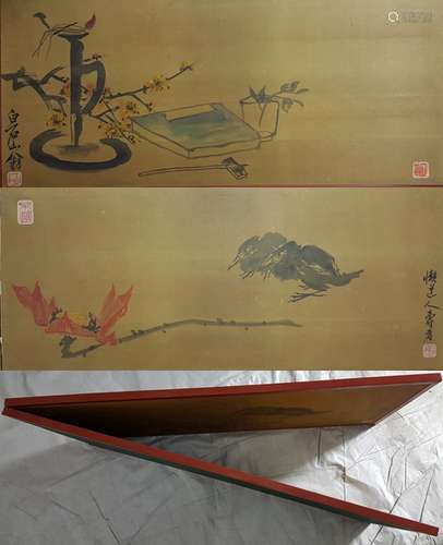 Chinese painting screen,Qi Baishi and Pan Tianshou