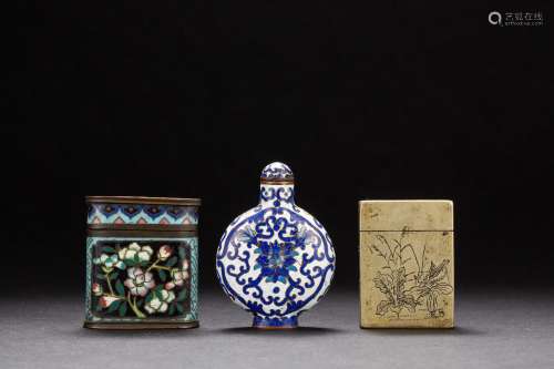 A group of three Chinese copper-based snuffle bottles