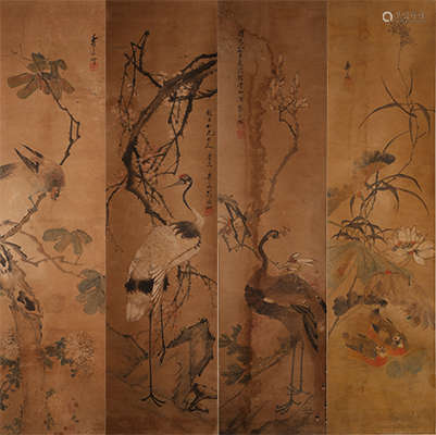 Four panels floral and birds hanging scroll by Fu Qian