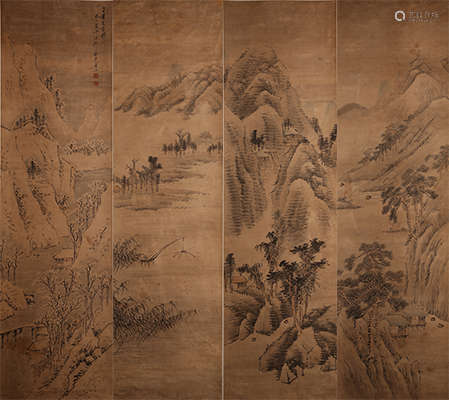 Four panels landscapes hanging scroll by Jiang Kang
