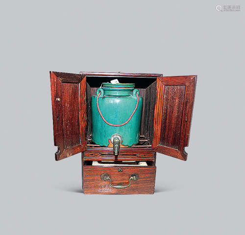 清 松绿釉石湾陶茶壸连茶盒