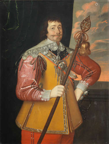 Portrait of Oliver Sawle, three-quarter-length, holding a staff English School1638