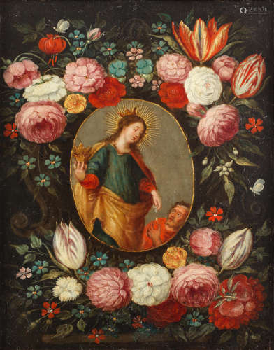 Elizabeth of Hungary giving alms, within a flower garland Antwerp Schoolcirca 1640