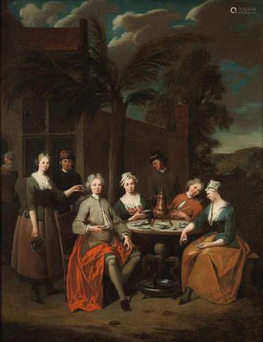 Elegant company drinking tea in the garden of a country house Jan Baptist Lambrechts(Antwerp 1680-circa 1731)