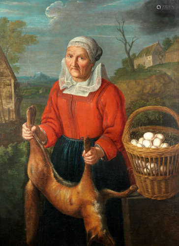An old woman with a basket of eggs, holding a dead fox Peter Snyers(Antwerp 1681-1752)