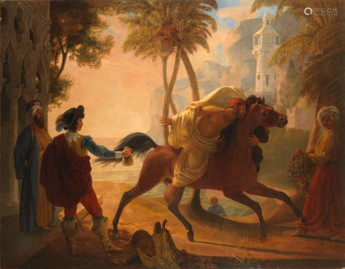 A coastal landscape with a cavalier purchasing an Arab stallion Attributed to Pierre Nolasque Bergeret(Bordeaux 1782-1863 Paris)