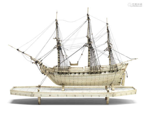 the model 12 1/2 x 8 x 4in (32 x 20 x 10cm)  A prisoner of war bone model of a 30 gun frigate, French, circa 1800,