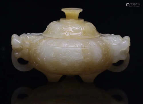 QING DYNASTY AN OLD TIBETAN HETIAN JADE SEED MATERIAL TRIPLE FEET CENSER