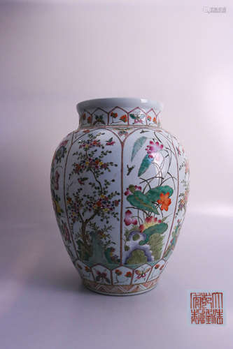 A FAMILLE-ROSE FLOWER AND BIRD PATTERN JAR