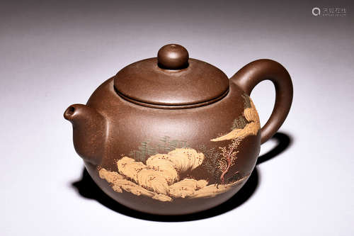 YIXING ZISHA 'LANDSCAPE SCENERY & CALLIGRAPHY' TEAPOT