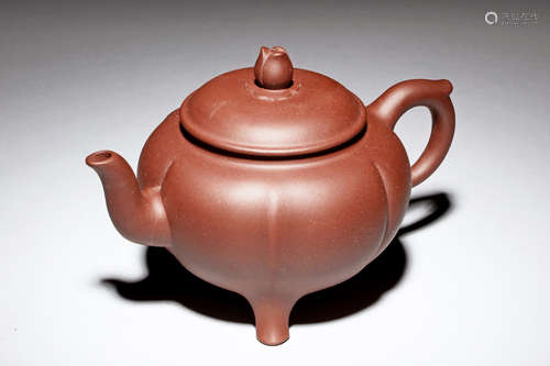 YIXING ZISHA TRIPOD MELON LOBED TEAPOT