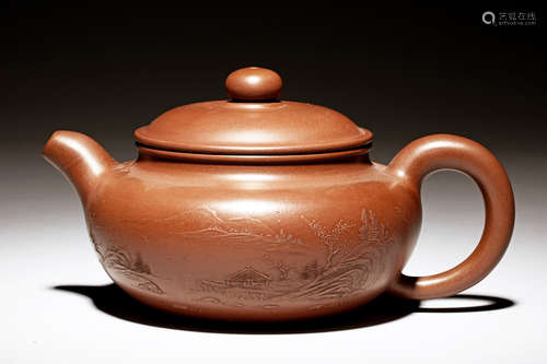 YIXING ZISHA 'LANDSCAPE & CALLIGRAPHY' TEAPOT