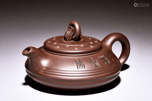 YIXING ZISHA 'LOTUS & CALLIGRAPHY' COMPRESSED TEAPOT