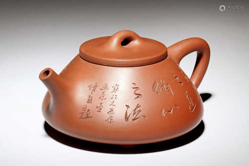 YIXING ZISHA 'FLOWERS, BIRDS, AND CALLIGRAPHY' TRIPOD TEAPOT