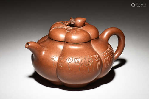 YIXING ZISHA 'CALLIGRAPHY' MELON TEAPOT