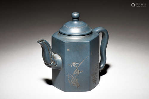 YIXING ZISHA HEXAGONAL 'PINE BAMBOO PLUM' TEAPOT