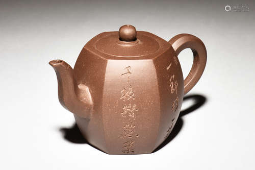 YIXING ZISHA 'CALLIGRAPHY' HEXAGONAL TEAPOT