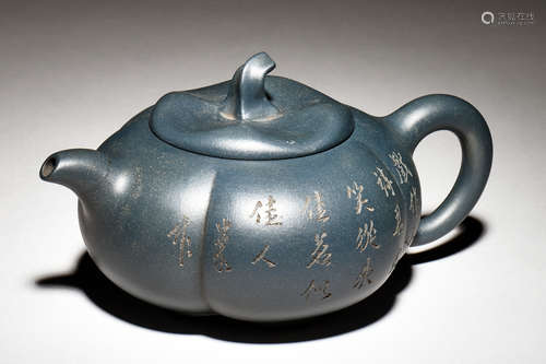 YIXING ZISHA 'LANDSCAPE & CALLIGRAPHY' MELON TEAPOT