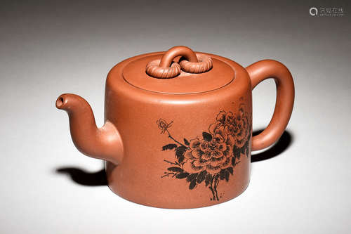 YIXING ZISHA 'FLOWERS AND CALLIGRAPHY' TEAPOT