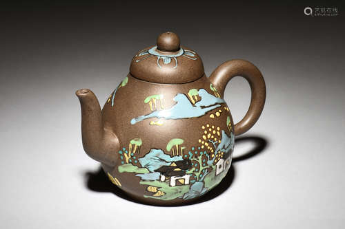 YIXING ZISHA PAINTED 'LANDSCAPE SCENERY' TEAPOT