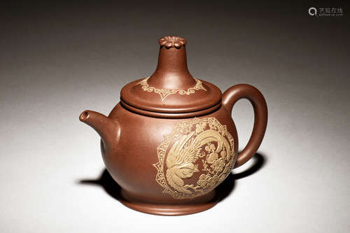 YIXING ZISHA 'FLOWERS AND BIRDS' TALL LID TEAPOT