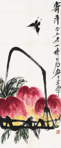 齐白石（1864～1957） 寿桃 镜框 设色纸本