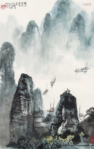 蔡天雄（b.1944） 1979年作 漓江烟雨涨扁舟 立轴 设色纸本