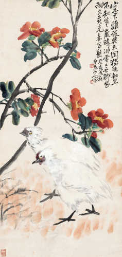 王震（1867～1938） 1923年作 茶花双鸡 立轴 设色纸本