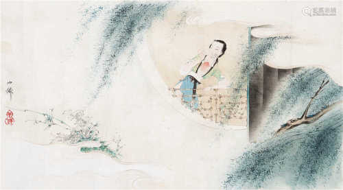 胡也佛（1908～1980） 柳荫仕女图 镜心 设色纸本