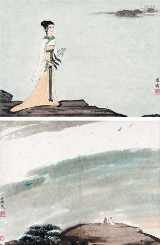 傅益瑶（b.1947） 仕女 望江图 镜框 设色纸本