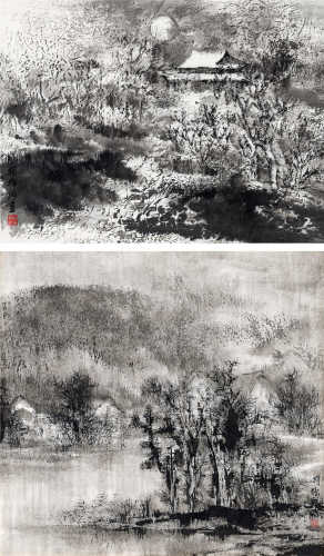 胡振郎（b.1938） 山水 （二帧） 镜框 水墨纸本