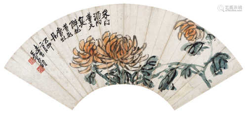 吴昌硕（1844～1927） 1915年作 菊花 镜框 设色纸本