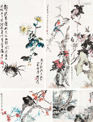 顾伯达 何其愚（1903～1968）等 花鸟 （五帧） 镜心 设色纸本