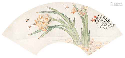 陈鉴（1594～1676） 水仙蜜蜂 镜框 设色纸本