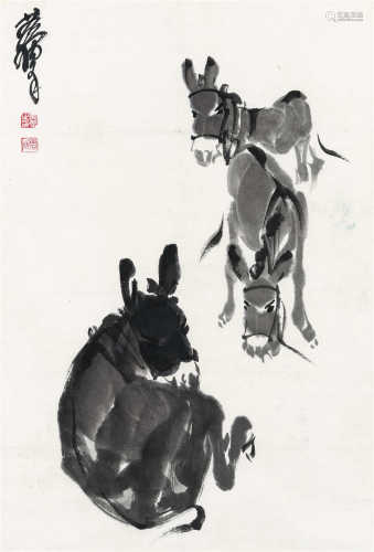 黄胄（1925～1997） 三驴图 镜框 水墨纸本