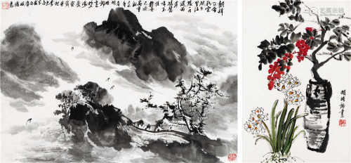 胡振郎（b.1938） 山水 清供图 镜框 水墨纸本、设色纸本