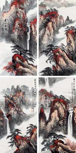 魏紫熙（1915～2002） 山水 四屏镜心 设色纸本