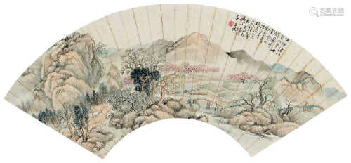 陆恢（1851～1920） 1890年作 山水扇面 镜框 设色纸本