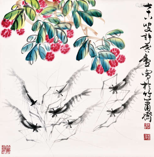XU LINLU: INK AND COLOR ON PAPER PAINTING 'LITCHI & SHRIMP'