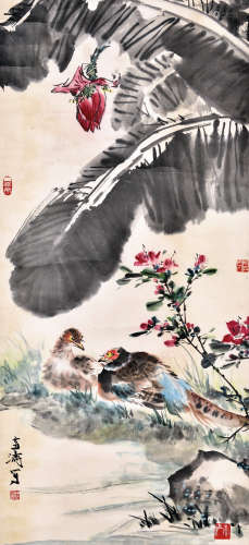 WANG XUETAO: INK AND COLOR ON PAPER PAINTING 'FLOWERS AND BIRDS'