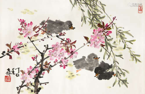 LANG SEN: INK AND COLOR ON PAPER PAINTING 'FLOWERS AND BIRDS'