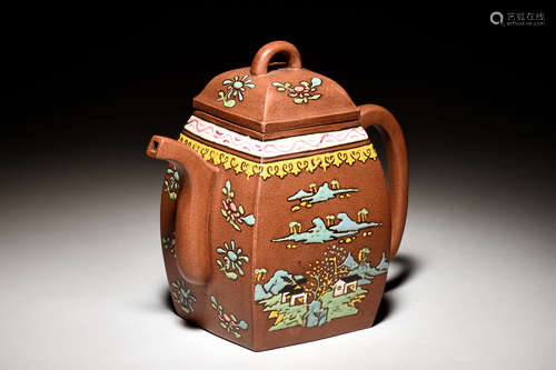 YIXING ZISHA PAINTED 'LANDSCAPE SCENERY' TEAPOT