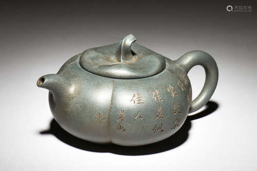 YIXING ZISHA 'LANDSCAPE & CALLIGRAPHY' MELON TEAPOT