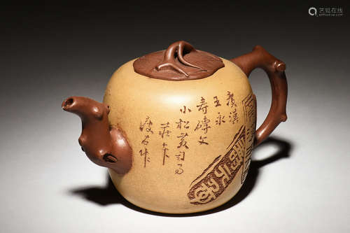 YIXING ZISHA 'FLOWERS & CALLIGRAPHY' TEAPOT