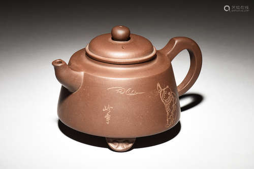 YIXING ZISHA 'CHILD & BAMBOO' TRIPOD TEAPOT