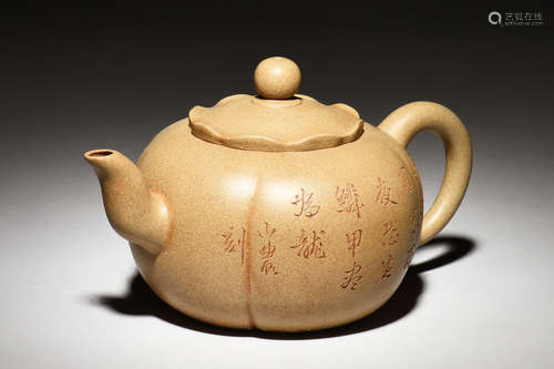 YIXING ZISHA 'LANDSCAPE & CALLIGRAPHY' MELON TEAPOT