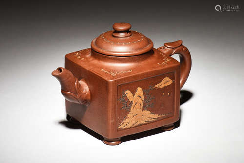 YIXING ZISHA 'LANDSCAPE & CALLIGRAPHY' SQUARE TEAPOT